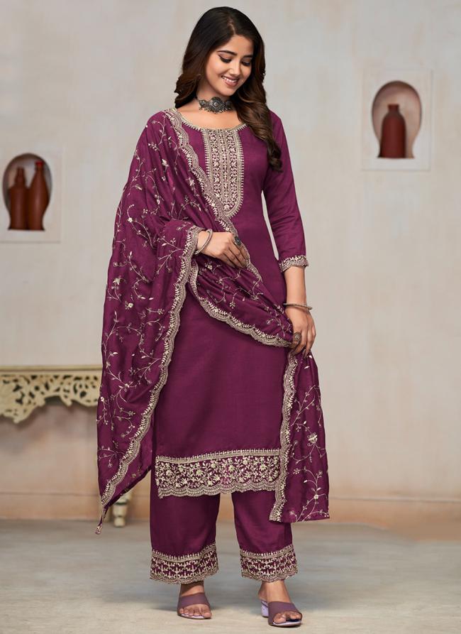 Pure Vichitra Burgandy Traditional Wear Embroidery Work Straight Suit